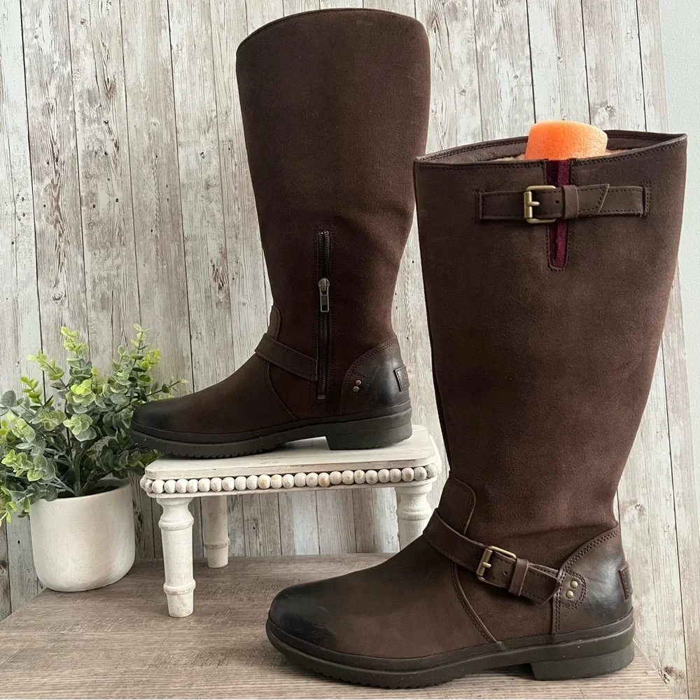 UGG Thomsen Dark Brown Tall Boots with Buckle Leather Waterproof Womens 9.5